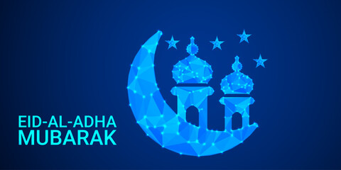 Geometric Eid al-Adha Celebration: Low Poly Crescent and Star Design on Blue Gradient Background