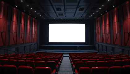 Mockup template with cinema hall with red seats and transparent screen in dark interior. 