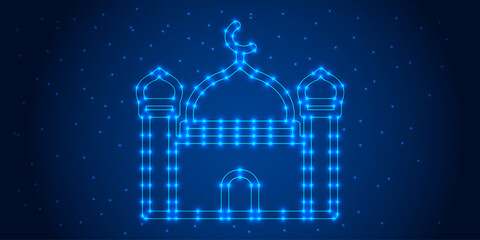 Geometric Eid al-Adha Celebration: Low Poly Crescent and Star Design on Blue Gradient Background