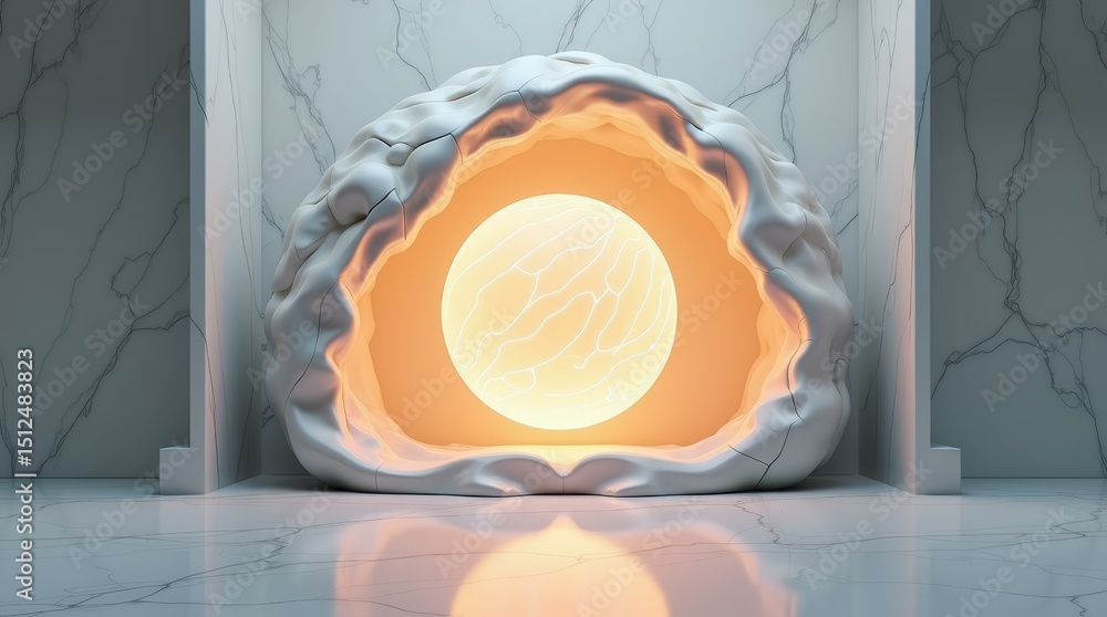 Poster bright sphere emerging from marble structure — ideal for futuristic editorial content and creative d