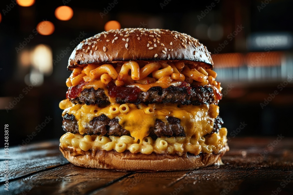 Poster layered burger with cheese and macaroni piled high in a rustic setting, towering burger with multipl