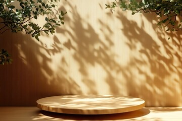 Obraz premium Wooden wall product podium display under soft natural light with leafy shadows creating ambiance in a contemporary setting