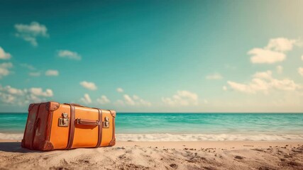 A suitcase sits on a sandy beach as an airplane flies overhead toward the turquoise sea under a clear sky.