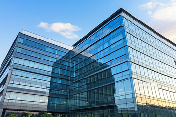 Modern glass buildings reflect clouds in a vibrant urban setting