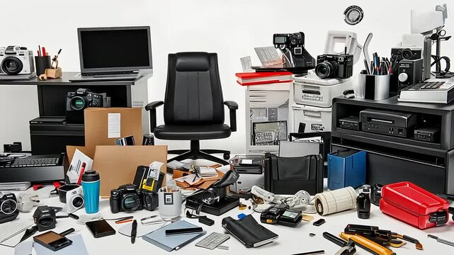 Overwhelmed office space displaying extreme desk clutter, chaos, and disorganization