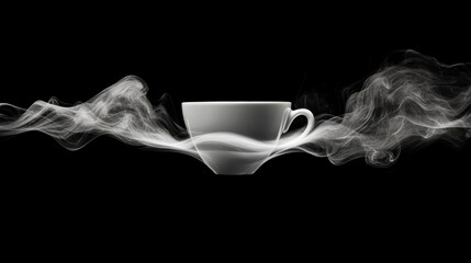 Black and white photograph of a white coffee cup on a black background. the cup is in the center of the image and is surrounded by a wisp of white smoke that is curling around it.