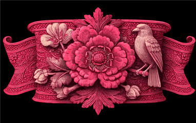 Ornate Pink Floral Ribbon Vector with Bird and Flowers