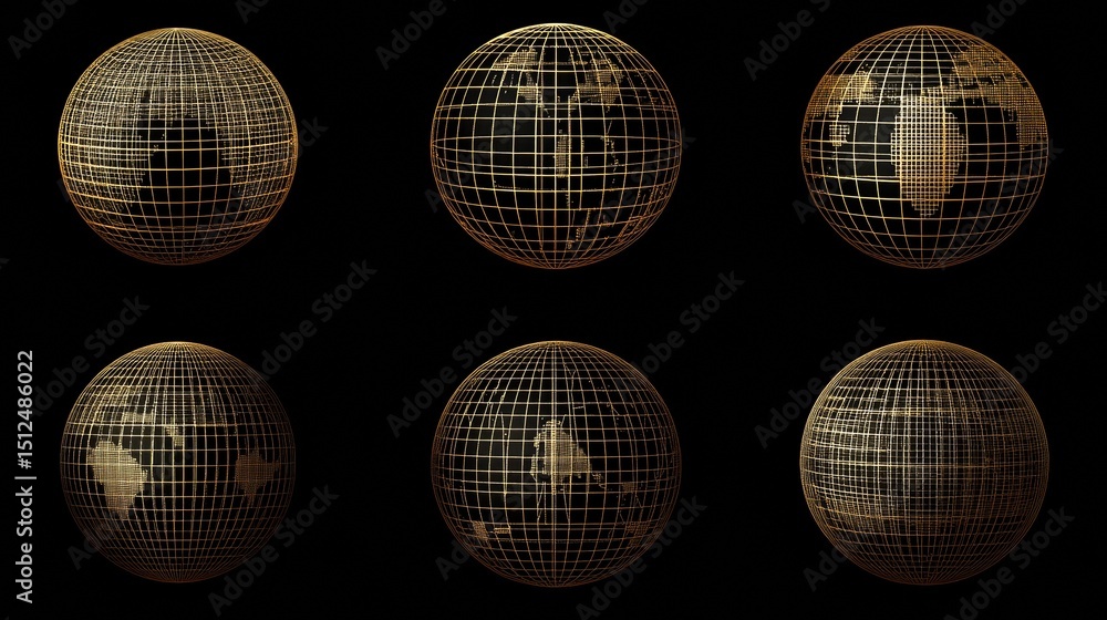 Poster wireframe gold grid globe mesh spherical object set. network line, hud three-dimensional design sphe