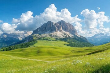 Obraz premium Majestic view of Ra Gusela mountain surrounded by lush green meadows under a clear blue sky with fluffy clouds at midday