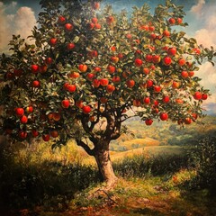 Lush apple tree laden with ripe fruit, set against a picturesque landscape