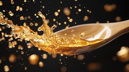 Close-up of a spoon with a splash of oil on it. the spoon is made of wood and has a smooth, shiny surface.
