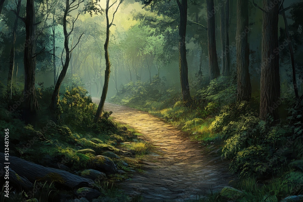 Poster exploring ancient forest pathways surrounded by towering trees and lush greenery, roads in the fores