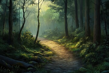 Fototapeta premium Exploring ancient forest pathways surrounded by towering trees and lush greenery, roads in the forest in ancient times