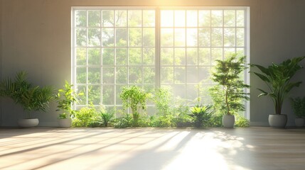 Empty room with plant decoration. Panoramic windows and sunlight. 3D rendering. 3D illustration. illustration , no logos, no brands