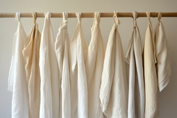 Linen cloths of various shades hanging on a wooden rod in a minimalist setting showcasing natural textiles for home decor