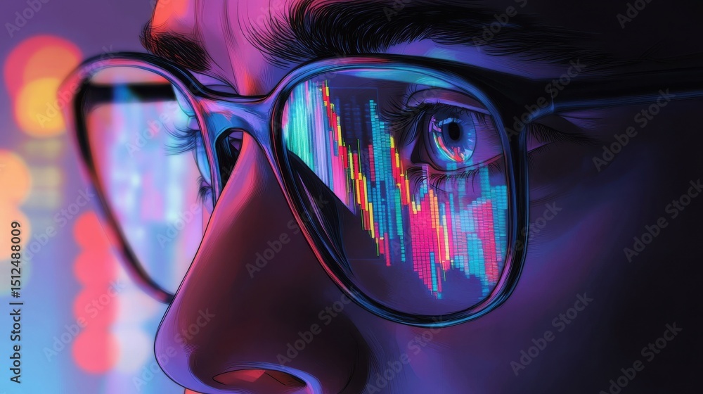 Aufkleber focused crypto trader analyst wearing eyeglasses working looking at computer screen reflecting in gl