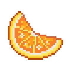 pixel art orange slice. The orange slice is cut in half and has a few small dots on it. design for all business