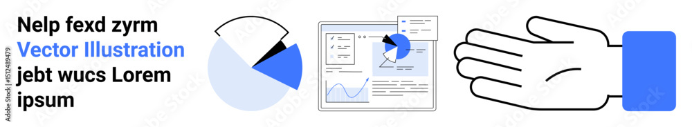 Poster pie chart split into sections, analytics dashboard with graphs, and a hand gesture. ideal for data a