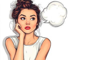 Naklejka premium Cartoon illustration of a young woman with an empty thought bubble on a white background for customizable concept design