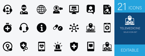 Modern solid telemedicine icons featuring doctor, patient, video consultation, ehealth, remote monitoring, mobile health app, AI diagnosis, wearable, and smart healthcare