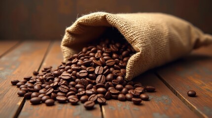 Artistic illustration of coffee beans flowing from burlap bag on wood surface, stylized warm-toned coffee culture artwork

