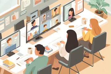 Virtual Team Meeting in Modern Office Setting With Multiple Screens and Engaged Participants in Productive Collaboration