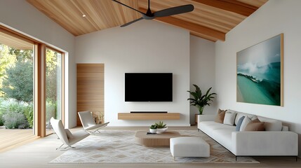 Obraz premium Cozy modern farmhouse living room with natural elements