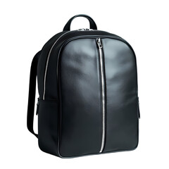 Fototapeta premium A sleek black leather backpack with silver zippers and a top handle shown close up isolated on transparent background