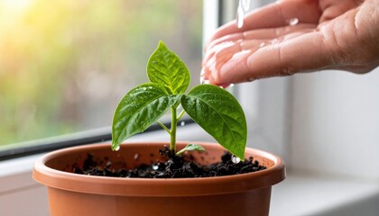 Nurturing Growth: Hand Watering a Young Plant Seedling in a Pot with Natural Light and Care for a Sustainable and Thriving Environment