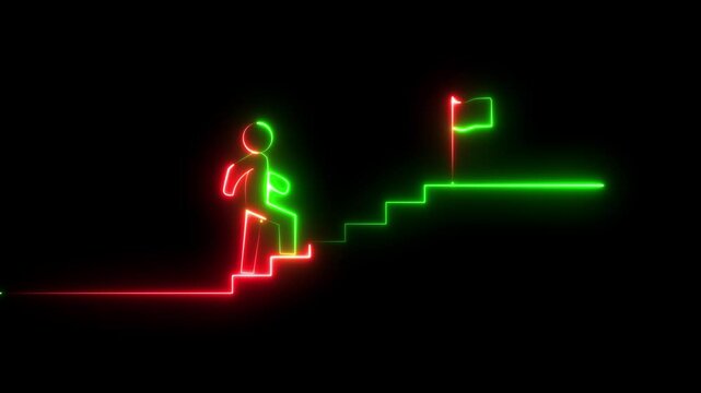 4K  Neon icon of a person climbing stairs with a glowing neon effect. icon isolated on transparent background Business concept of victory, success, goal achiever Success icon animation with neon shine