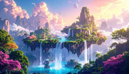 Enchanting floating islands with cascading waterfalls lush greenery and a serene atmosphere perfect for dreamy travel destination photography and artistic inspiration