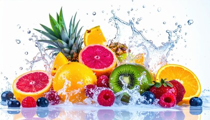 Vibrant assortment of fruits featuring pineapple, kiwi, grapefruit, orange, raspberries, and blueberries with a dynamic water splash creating a refreshing presentation for health and wellness concepts