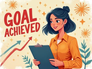Asian woman with clipboard showing "GOAL ACHIEVED" message surrounded by celebration graphics, colorful motivational illustration design

