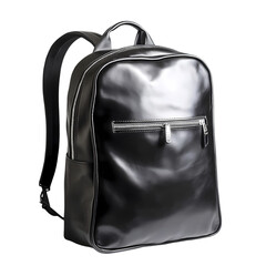 Naklejka premium A sleek black leather backpack with silver zippers and adjustable straps on a plain background studio shot isolated on transparent background