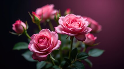 Pink roses in close-up with green leaves against purple-black gradient background, romantic floral photography for decor