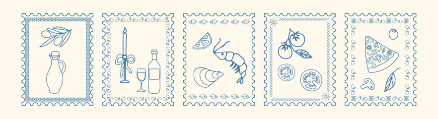 Minimalist posters. Vector ink hand drawn seafood, Italian pizza, wine and food elements. Illustrations in stamp frames.