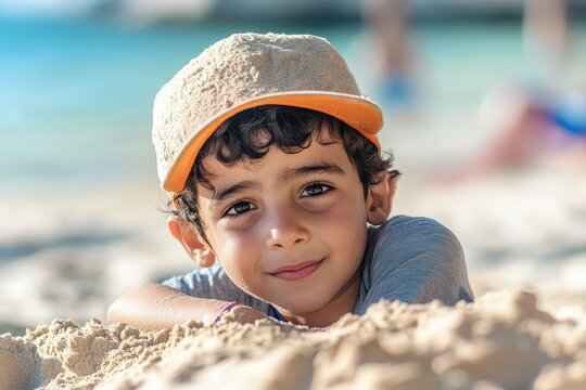 Young boy joyfully playing in the warm sand on the beautiful beach of Hurghada during a sunny day, creating memories by the sea with playful energy and a bright smile