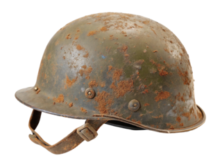 Close up of a rusty green military helmet with a brown strap against a white fabric background