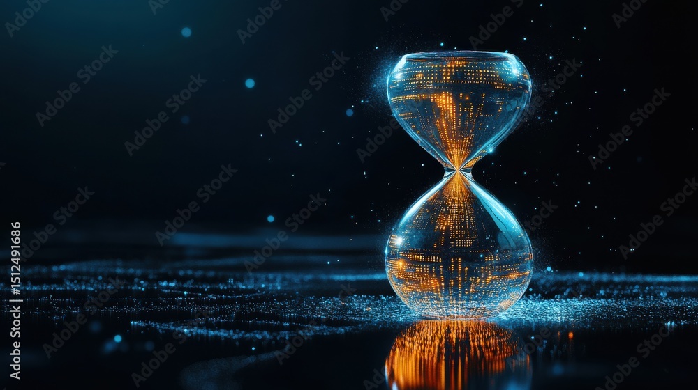 Poster ai for time efficiency concept futuristic hourglass with binary code on black background with copy s