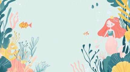 Mermaid party. Cute princess birthday invitation with ocean life. Little girl celebration card, kids baby marine festive vector illustration illustration , no logos, no brands