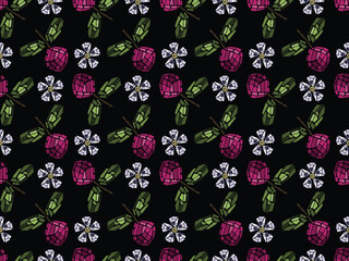Mosaic cherry blossom . Shiny cracked tiles. Vector illustration.  Sweet summer berry. Seamless pattern.