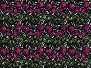 Mosaic cherry blossom . Shiny cracked tiles. Vector illustration.  Sweet summer berry. Seamless pattern.