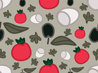 Italian salad. Greece salad. Tomato, mozzarella,  olive, herbs. Recipe. Seamless vector pattern. Cartoon illustration.