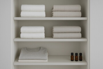 Folded neutral towels and clothing on white shelves with dark bottles, minimalist interior and lifestyle