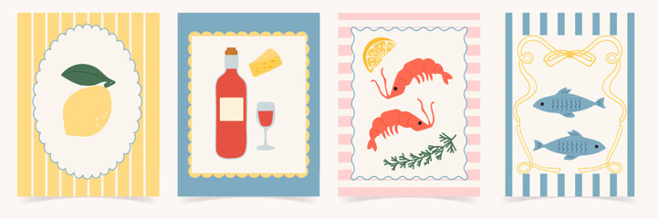 Summer food poster set. Mediterranean cuisine in vintage frames. Hand drawn lemon, wine, shrimps in dolce vita style. Trendy design for cards, print, kitchen, branding.