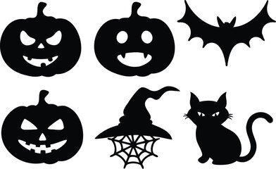 Fototapeta premium Scary Halloween Silhouette Pack Featuring Pumpkins, Cat, Bat, Spider Web, and Witch Hat, Vector Icons for Holiday Design, Stickers, and Party Graphics