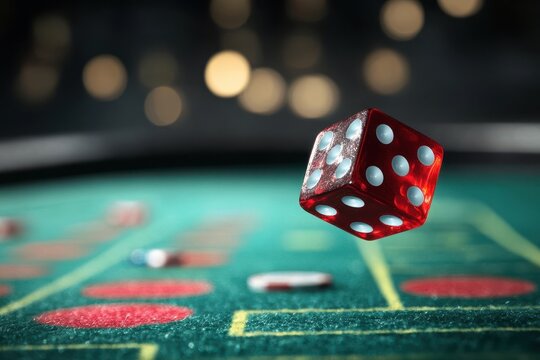 Dice rolling on a craps table in a casino, capturing the excitement of the game during nightlife entertainment