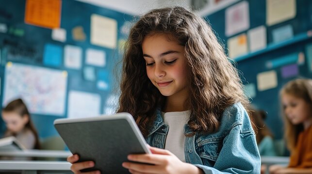 A highly motivated student using a tablet for digital learning in a modern classroom. - Powered by Adobe
