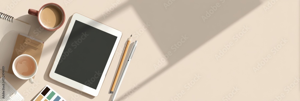 Poster Bright Workspace Setup With Tablet and Pencil Alongside Coffee Mugs in a Minimalist Design