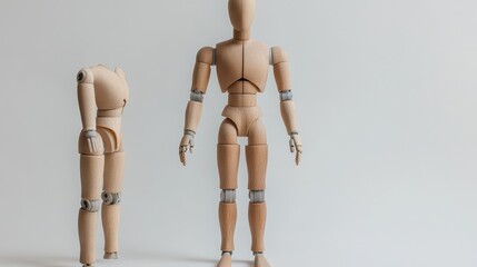 Wooden articulated mannequin with a natural wood grain texture standing.